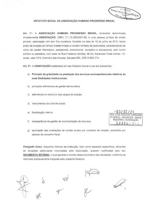 Estatuto Social da Associacao Humano Progresso Brasil - Registro Ano 2024