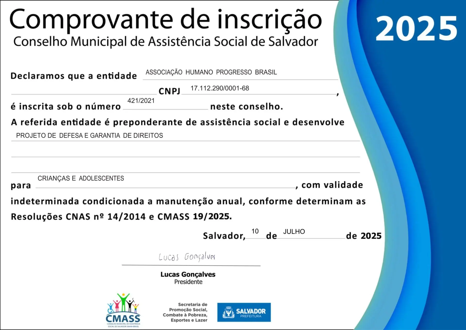 CERTIFICADO CMASS 2025 - ASSOCIAÇÃO HUMANO PROGRESSO BRASIL
